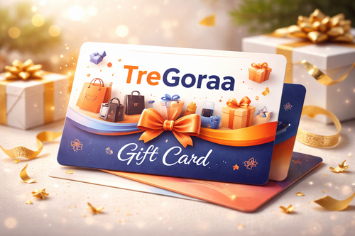 TreGoraa gift card with decorative elements on a festive background